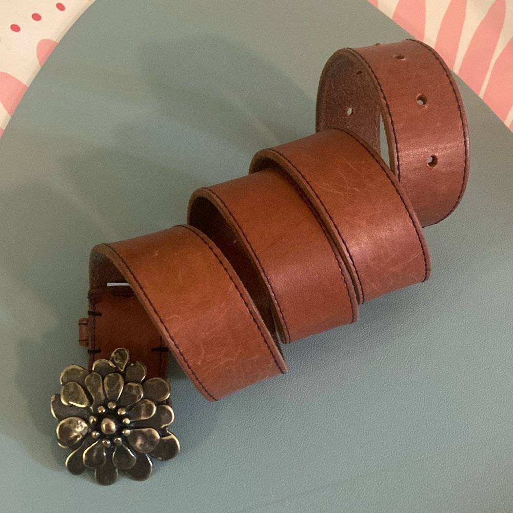 Brown Leather Belt with Floral Buckle